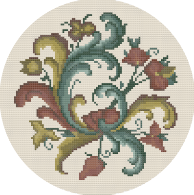 Cross-stitch design with rosemaled flowers and acanthus leaves.